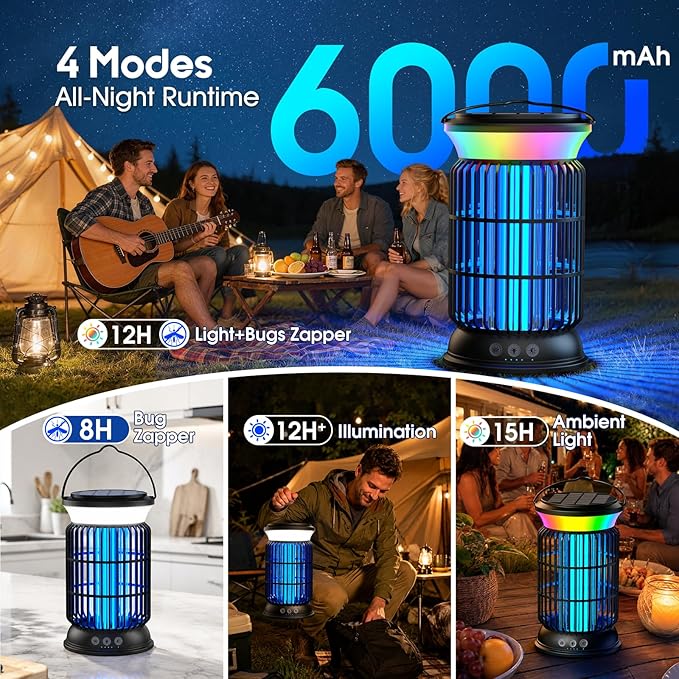 Solar Bug Zapper Outdoor – Powerful Electric Bug Zapper with 4-in-1 Modes, Cordless & Rechargeable Insect Zapper, IP66 Waterproof Mosquito Zapper for Camping & Indoor Use