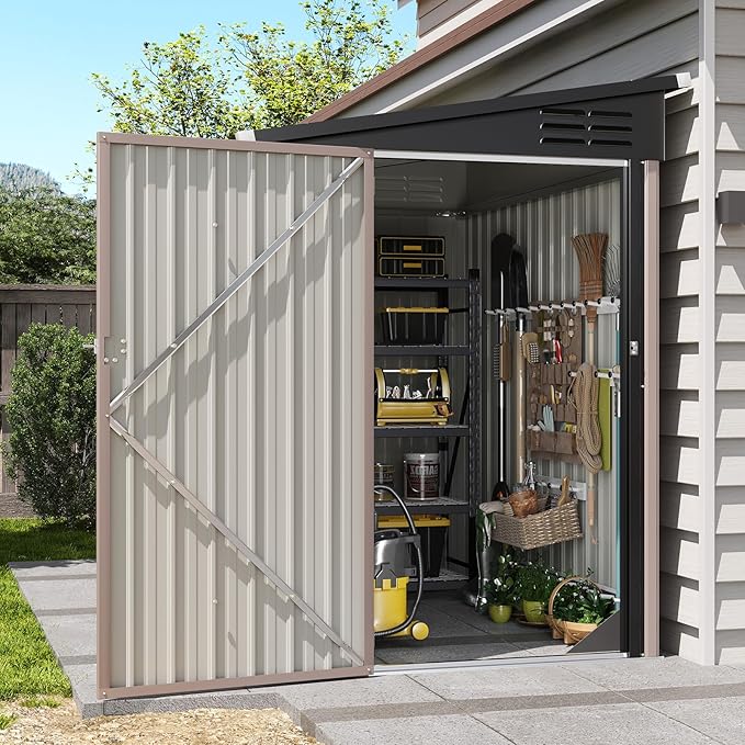 Aoxun 6' x 4' Lean to Shed Outdoor Steel Garden Utility Cabinet with Lockable Door Waterproof & Rust-Proof for Yard, Patio, Backyard (Brown)