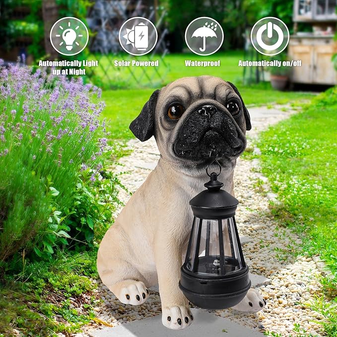 Garden Dog Statues Outdoor Decor, Solar Lights Outdoor Pug Figurines Solar Dog Ornaments for Patio, Lawn, Yard Art Decoration, Housewarming Garden Gifts for Mom
