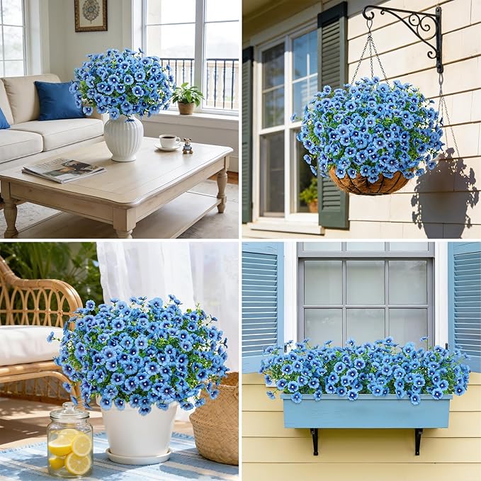 24 Bundles Artificial Flowers for Outdoors Fake Silk Flowers UV Resistant Faux Plants Eucalyptus for Spring Summer Decoration Planters Table Vase Garden Yard Porch Window Home Decor, Blue