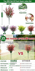 TURNMEON 20 Bundles Artificial Flowers for Outdoors Summer Decor, UV Resistant No Fade Fake Lavender Flowers Plastic Faux Plants for Window Box Garden Planter Porch Indoor Cemetery Decor(Mix Colors)