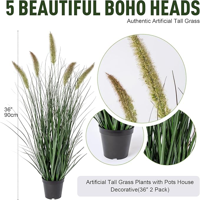 Artificial Cattail Reed Grass Plants Indoor ，Faux Cattail Grass Plant Artificial Plant Grass Outdoor,Fake Grass Tall Green Onions Fake Plant， Living Room Kitchen Office Decor (36“ 2 Pack)