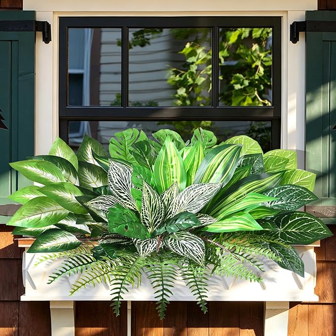 Livole 8 Pcs Artificial Plants Outdoor Faux Plants Fake Greenery Stems with Boston Fern Lavender Morning Glory UV Resistant Artificial Flowers for Outdoors Porch Patio Garden Spring Summer Home Decor