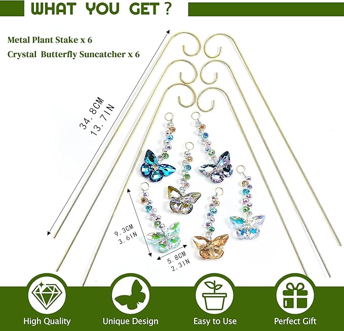 H&D HYALINE & DORA 6 Pack Colorful Butterfly Crystal Suncatcher Plant Stake Plant Stake with Golden Small Trellis Indoor Outdoor Garden Sun Catchers Decor
