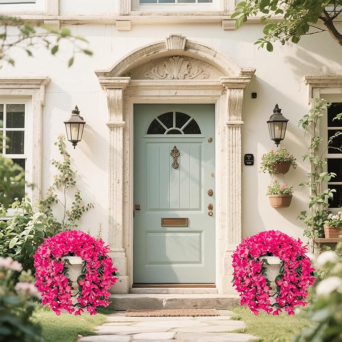 Artificial Flowers for Outdoors Fake Hot Pink Bougainvillea Hanging Flower Decoration, 2Pcs Realistic Faux Silk Plants Long Trailing Vines, Spring Decor for Porch Patio Balcony Planter Yard