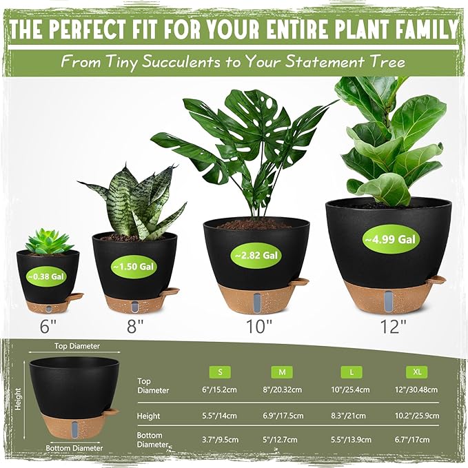 Self-Watering Pots for Indoor Plants 4 Pack, 6/8/10/12 Inch Outdoor Planters with Water Level Indicator&Deep Reservoir, Decorative Flower Pots for Indoor Plants,Home Decor (Black, 12+10+8+6 inch)