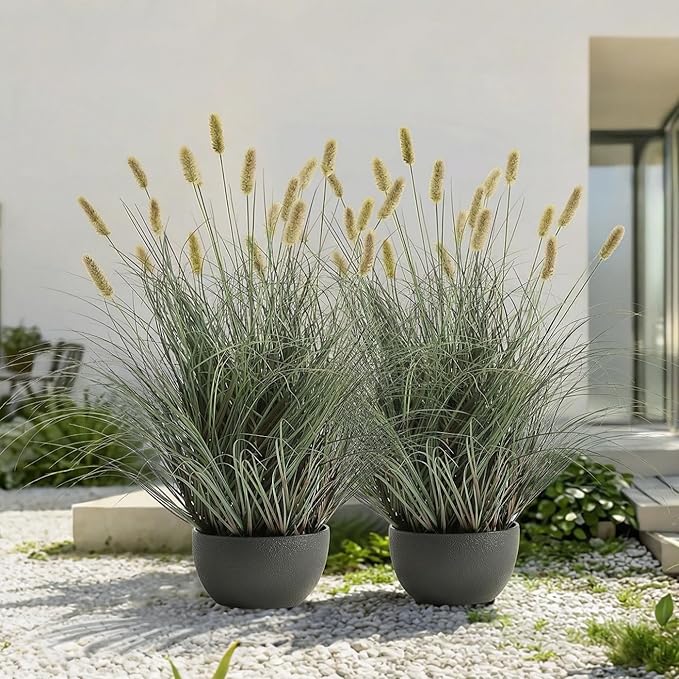 3ft Onion Grass Set of 2, Artificial Plant and Greenery, Fake Floor Plants Indoor Outdoor, Potted Faux Green Bristlegrass with Spikes, Large Size Horsetail Reed Grass, House Decorative
