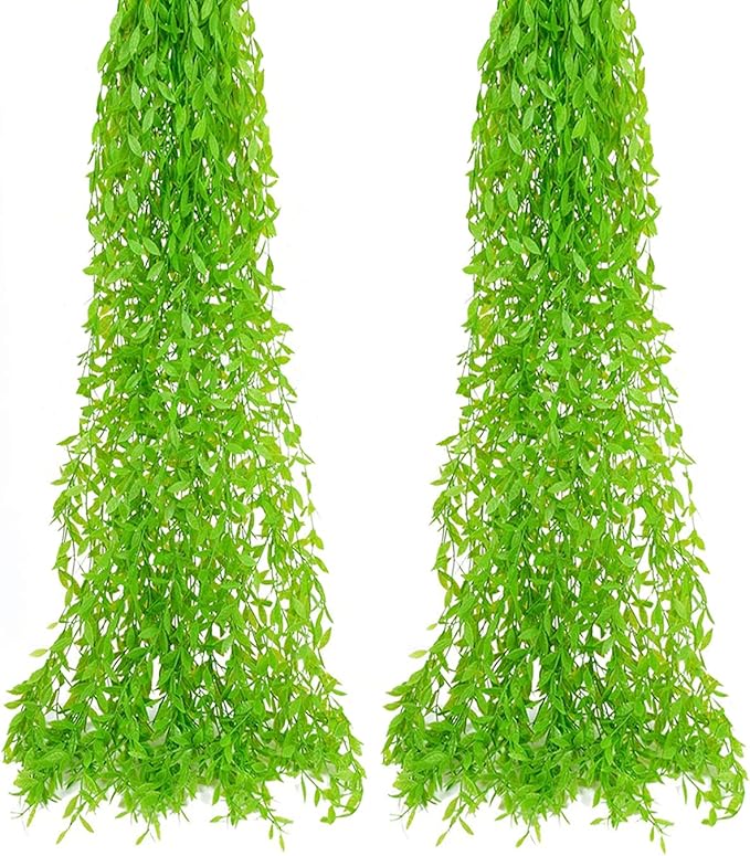 PASYOU Artificial Hanging Vines, Fake Simulation Weeping Willow Plants Decor Greenery Leaves Ivy for Wedding Indoor Outdoor Home Garden Balcony Patio Planter Filler DIY Decoration - Green 10 Pack