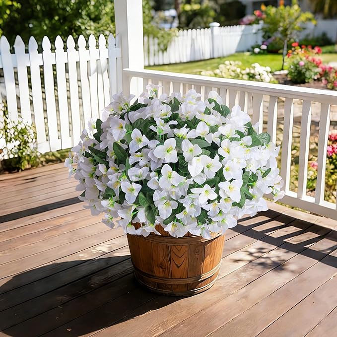 Faux Bougainvillea Artificial Flowers Plants for Outdoors, 4 Bundles Spring Fake Outdoor Flowers Silk Bougainvillea for Outside UV Resistant Realistic for Porch Patio Window Planter Garden Home, White