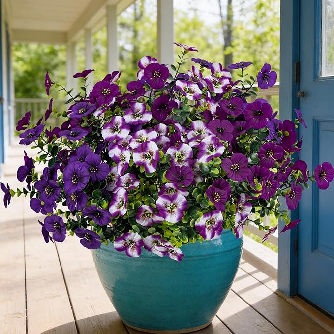 17 Inch Artificial Faux Pansy Flowers for Outdoor,Fake Pansies Flowers with Eucalyptus Leaves Fake Plants Greenery Boxwood Porch Patio Decor 6 Bundles(Dark Purple,Lotus Purple,Purple White)