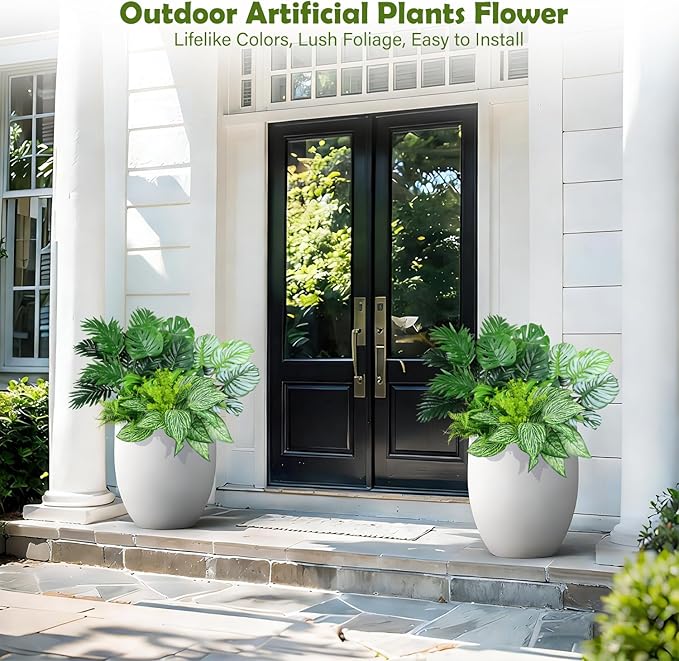 Artificial Greenery Plants Outdoor UV Resistant, 10 Bundles Large Faux Fern Bushes, Shrubs & Tropical Plants, Fake Plants for Planters, Porch, Patio, Garden & Poolside Spring Summer Decor