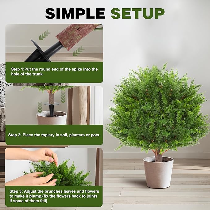 JTING' CHOISIR Set of 2 Artificial Cypress Cedar Boxwood Topiary Ball Trees with Ground Spike, 26 Inches UV Resistant Fake Plant Bushes Shrubs, for Indoor Outdoor Front Porch Garden(Cypress)
