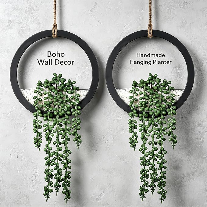 Boho Wall Decor, 2Pcs Fake Hanging Plants Artificial Succulents, Indoor Hanging Planter Greenery Decor, Perfect for Bathroom Living Room Bedroom Office Washroom, Faux Succulent Wall Floating Plants
