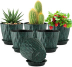 Meowell 5 inch Plant Pots for Indoor Outdoor Plants, 6 Pack Thick Nursery Pots with Drainage Holes and Saucers, 3D Modern Wave Texture Small Plastic Planter Flower Pots, Black with Green Speckles