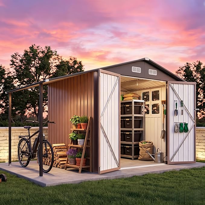Aoxun 6x10 FT Outdoor Storage Shed Metal Lean to Sheds with Gazebo,Open Firewood Storage,Garden Shed with Lockable Doors,Sloped Roof,Windows, 2 in 1 Large Tool Shed for Patio, Backyard, Lawn