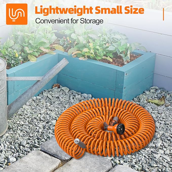 SPECILITE 3/8” Lightweight Coil Garden Hose 100 FT, EVA Retractable Curly Water Pipe with 6-Pattern Spray Nozzle for Boat, Greenhouse, Yard, Patio (Orange)
