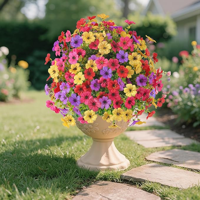 Alupssuc 4Pcs 20" Artificial Topiary Ball Flowers, Spring Outdoor Decoration with Spike, UV Resistant Faux Summer Plants, Fake Bushes Plants, Red Rose, Purple & Yellow for Garden, Porch & Patio Decor