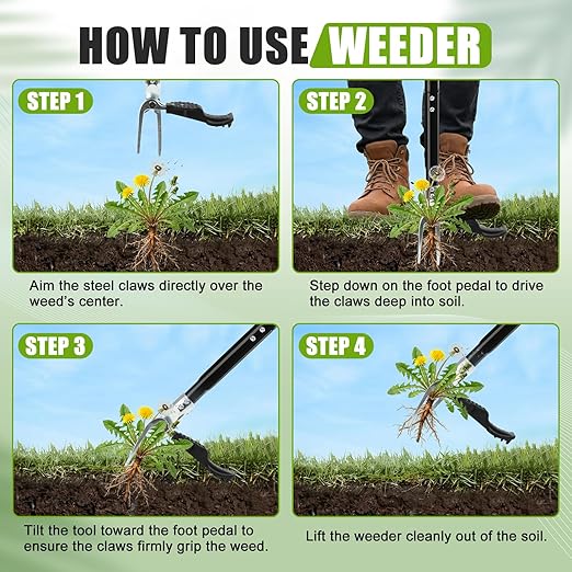 Stand Up Weed Puller Tool, 4-Claw Steel Head Heavy Duty Weeder, Adjustable Long Handle Garden Weeding Tool for Effortless Weed Removal Without Bending Kneeling Pulling
