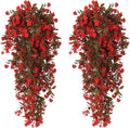 RECUTMS 2 Pack Artificial Greenery Plastic Flower Fake Hanging Plant Vines Plants UV Resistant for Outdoor Home Garden Wall Office Wedding Party Hanging Basket Decoration (Red)