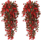 RECUTMS 2 Pack Artificial Greenery Plastic Flower Fake Hanging Plant Vines Plants UV Resistant for Outdoor Home Garden Wall Office Wedding Party Hanging Basket Decoration (Red)