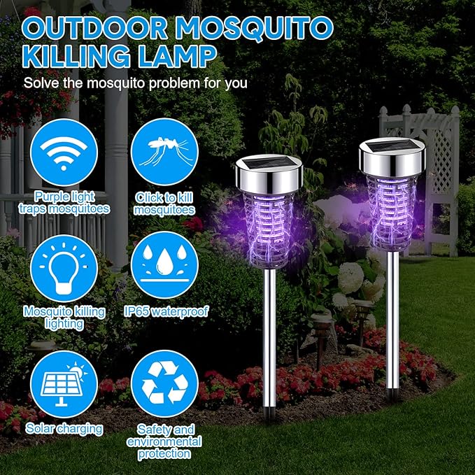 Qualirey 4 Pack Solar Bug Zapper Outdoor Waterproof Mosquito Repellent Killer Bug Zapper Lamp with LED Light for Outdoor Garden Patio Yard (Purple Light,Silver)