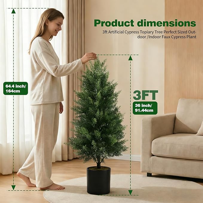 Joyooss Artificial Topiary Cedar Tree,3FT Faux Outdoor Plants Front Porch Decor 2 Set Evergreen Shrubs Fake Plant Artificial Bushes Cypress Trees with Flowerpot for Home Living Room Front Door Decor