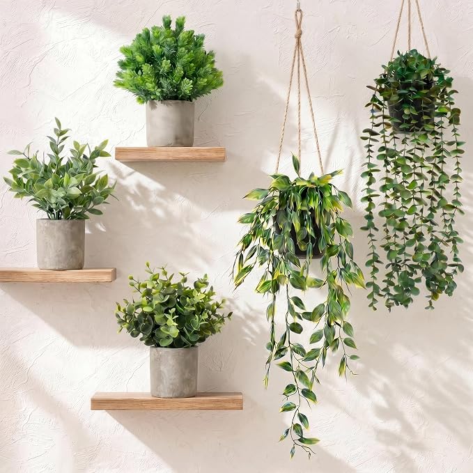 Artificial Hanging Plants 5 Pack – Small Fake Potted Ivy Plants for Indoor or Outdoor Décor, Wall Shelf Home Office Room Decoration, Realistic Faux Plants with Planters