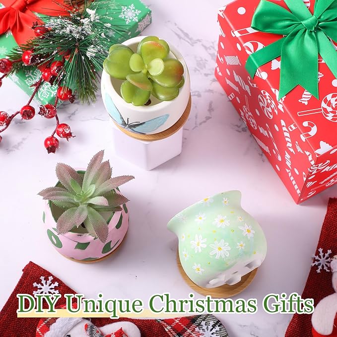 Remerry 18 Pcs 3.5 Inch Mini Succulent Pots with Bamboo Tray White Ceramic Pots Color Your Own DIY Small Planters Containers for Flower Cactus with Drainage Hole for Plant Lover