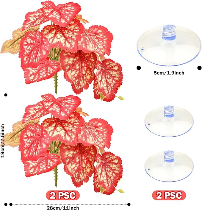 QUOZUO 2 Pack Reptile Plants for Terrarium, Artificial Leaves Habitat Decorations with Suction Cups, Terrarium Hanging Plants Vines for Bearded Dragons Lizards Snake Geckos Frogs - Red