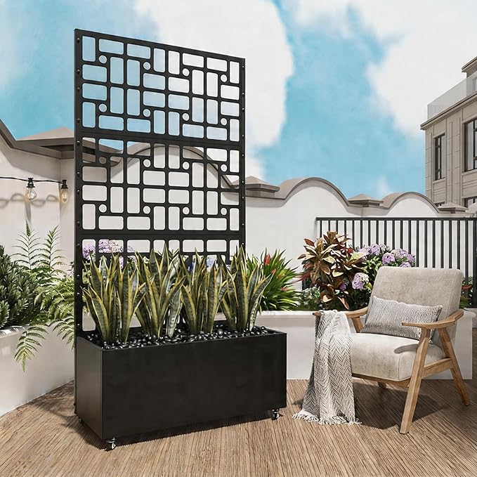 73" Ornamental Metal Planter Box with Trellis on Wheels, Raised Garden Bed with Scrollwork Privacy Screen, Outdoor Privacy Planters for Patio Balcony Backyard, Climbing Plants Vegetables