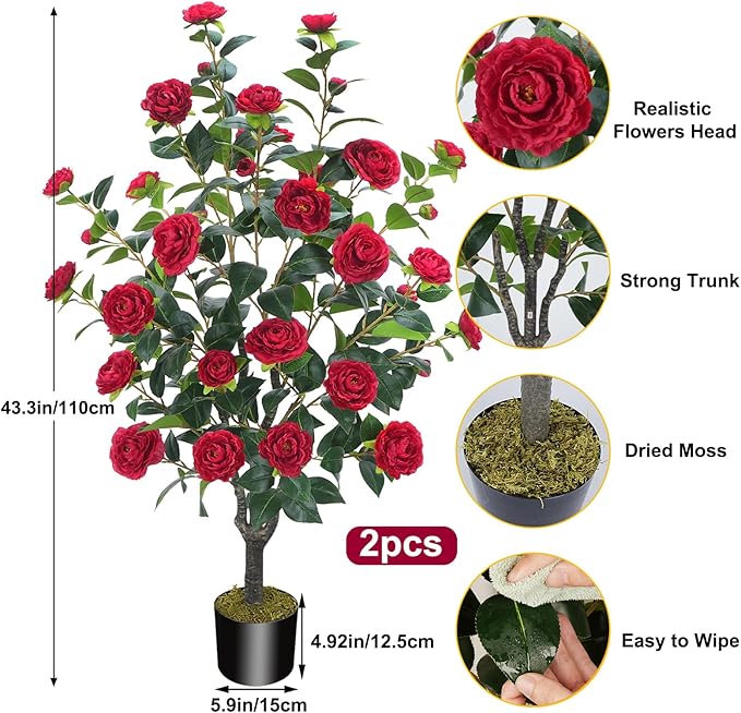 3.6FT Artificial Camellia Fake Tree, Artificial Plants & Flowers with 32 Red Flowers for Door Front Decoration Porch Patio Living Room Office Indoor Outdoor Decor (2PCS Contains Faux Moss)