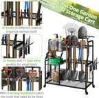 keomaisyto Garden Tool Organizer with Heavy Duty Wheels for Garage - with 2 Baskets, Large Yard Tool Organizer and Storage Holder, Utility Garden Tool Rack for/Shed/Garage/Yard/Basement/Lawn