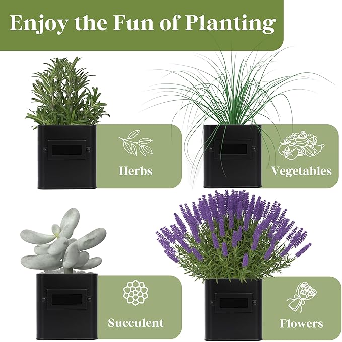 PERFNIQUE Indoor Herb Garden, Herb Planter Set with Tray, Farmhouse Indoor Plant Pots, Windowsill Herb Garden with Drainage(Planter only) for Indoor/Outdoor, Window Pots(Matte Black)