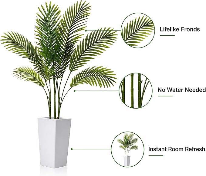 Garvee 4.3FT Artificial Palm Tree, Tall Faux Tropical Areca Plants with White Tall Planter, Fake Potted Tree with Lifelike Leaves for Indoor Living Room Bedroom Home Office Decor