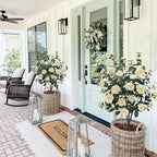 3.6FT Artificial Camellia Fake Tree, Artificial Plants & Flowers with 32 Yellow Pink Flowers for Door Front Decoration Porch Patio Living Room Office Indoor Outdoor Decor (2PCS Contains Faux Moss)