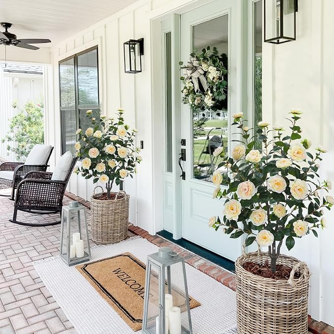 3.6FT Artificial Camellia Fake Tree, Artificial Plants & Flowers with 32 Yellow Pink Flowers for Door Front Decoration Porch Patio Living Room Office Indoor Outdoor Decor (2PCS Contains Faux Moss)