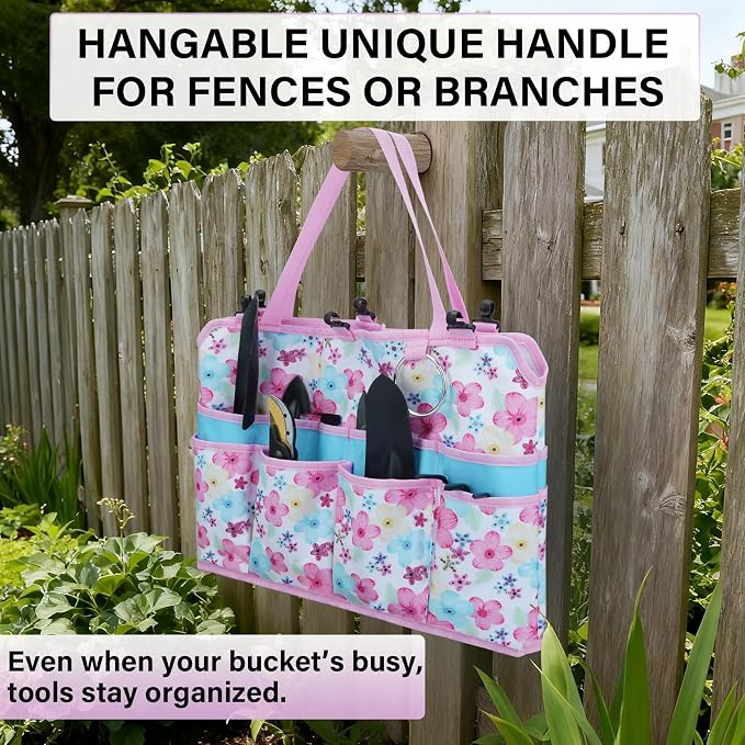 KUNN Gardening Gift for Women Men 5 Gallon Bucket Tool Organizer with 18 Pockets, Heavy-Duty Bucket Buddy Caddy Bag, Garden Tools Organizer Storage with Comfort Grip Handle Pad Attachment,Pink