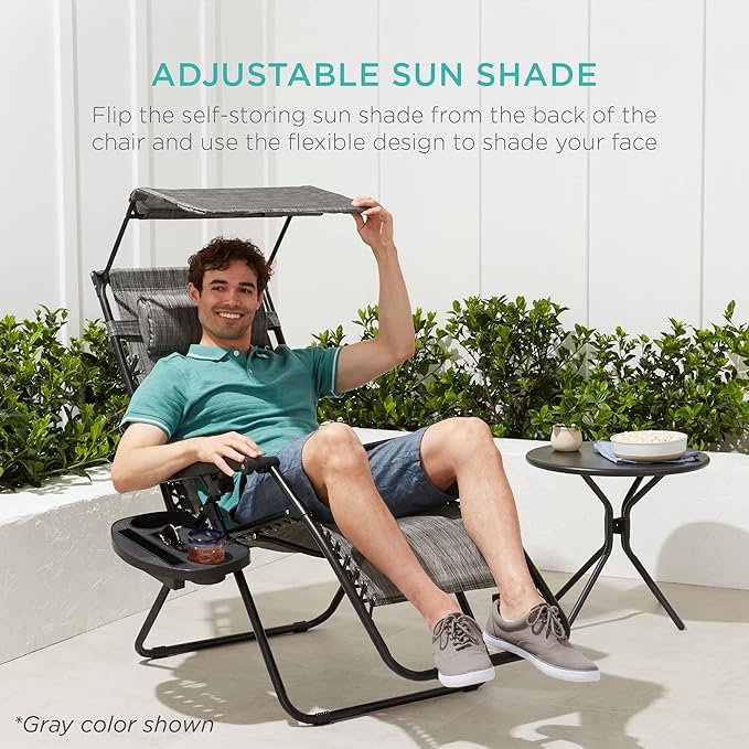 Best Choice Products Folding Zero Gravity Outdoor Recliner Patio Lounge Chair w/Adjustable Canopy Shade, Headrest, Side Accessory Tray, Textilene Mesh - Stardew