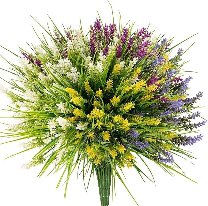 20 Bundles Artificial Plants Outdoor, UV Resistant Fake Flowers, Realistic Faux Lavender Shrubs for Porch Garden Window Box Home Decoration (White Yellow Lightpurple Rosy)