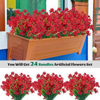 Lnoicy 24 Pcs Artificial Flowers for Outdoor,Plastic Flowers Decoration, UV Resistant Faux Flowers Shrubs, Artificial Plants for Indoor Outside Garden Home Wedding Farmhouse(Red)