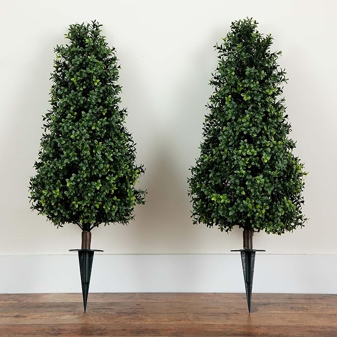 Nearly Natural 3ft UV Resistant Artificial Boxwood Plants, Set of 2, with Integrated Ground Stakes for Indoor Outdoor and Garden Decor