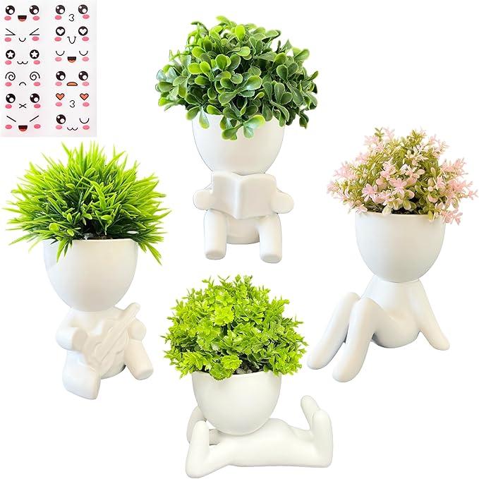 4 Packs Creative Small Fake Plants Artificial Succulents in Ceramic Human Shaped Pots Cute Office Plants For Desk Home Decor Funny Premium Ceramic Faux Succulent Perfect Humorous Gift Idea (4, white)