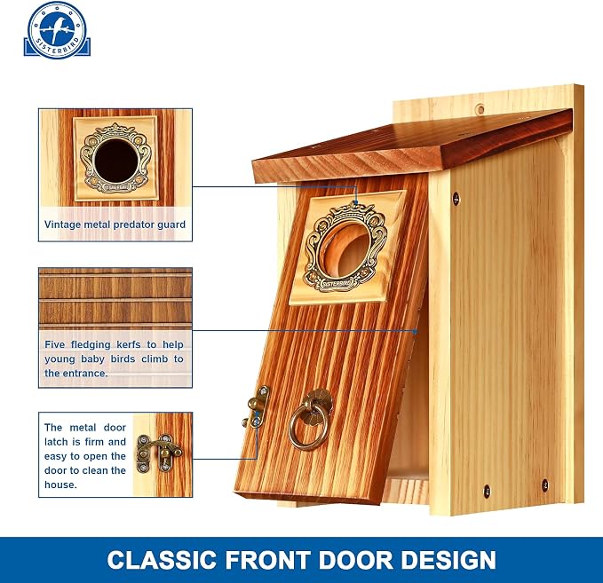 SISTERBIRD Premium Pack of 2 Bluebird Houses for Outside, Garden Bird Houses for Outdoor, Vintage Metal Predator Guard, Birdhouse Gift, Weatherproof Coating Bird Nesting, Assembly Required