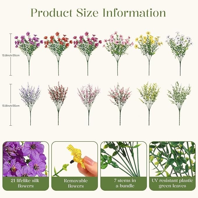 SHareconn 36 Bundles Artificial Flowers for Outdoors, Faux Plants Fake Silk Colorful Daisy Eucalyptus Lavender, UV Resistant for Outside Home Porch Patio Spring Decor, RedRosyPurpleYellowPinkWhite