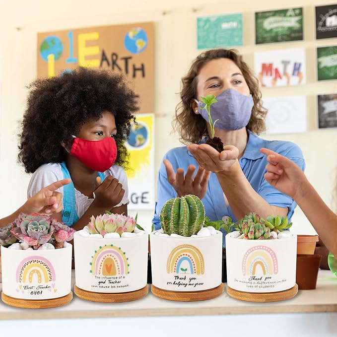 Kolewo4ever 9 Pieces Teacher Appreciation Gifts Ceramic Succulent Plant Pot Small Flower Planter Rainbow Funny Cute Succulent Accessories for Best Teacher Gift Plant Not Included
