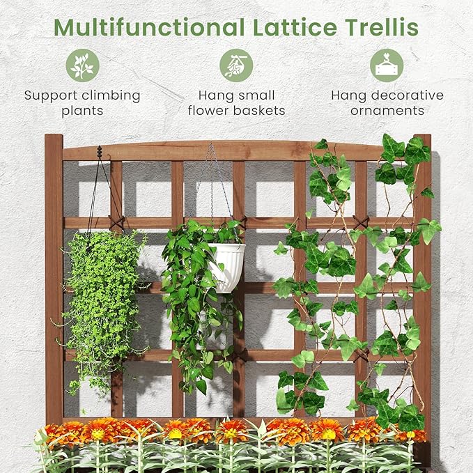 Byroce Outdoor Raised Garden Bed, Garden Planter Box with Lattice Trellis, Legs & Drainage Hole, 2-Tier Standing Elevated Planter for Flower, Fruit, Vegetable & Climbing Plants in Patio, Balcony (1)