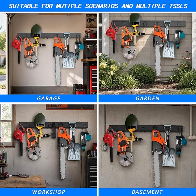 CBWLWJ Garage Tool Organizer Wall Mount, 48 inch Garage Wall Organizer, 400lbs Sturdy Garden Tool Organizer with 6 Adjustable Hooks, for Yard, Shed, Basement, Workshop(Black)