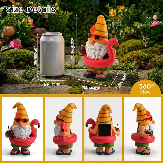 Lavezee Garden Gnome Statue Outdoor Decor, Solar Gnomes with Flamingo Figurine for Garden, Patio, Yard Decor, Summer Pool Party