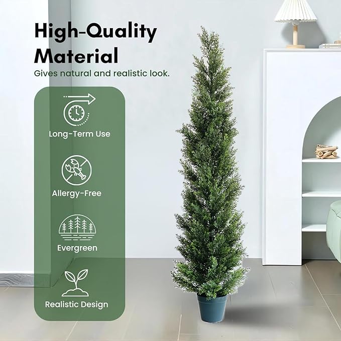 5 Feet Outdoor Artificial Topiary Cedar Tree, Set of 2 UV Resistant Potted Faux Cedar Trees for Outdoors and Indoors, Decorative Fake Shrubs Topiary Trees for Home Living Room Front Door Decor