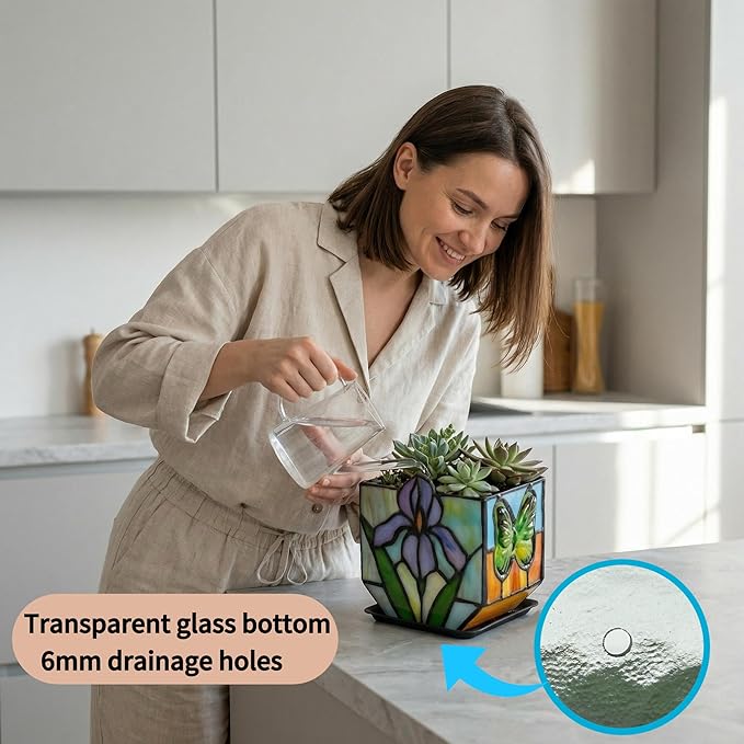 Handmade Tiffany Style Stained Glass Iris Planter, Decorative Succulent Pot with Drainage, Indoor Plant Pot for Home Decor, Unique Gardening Gift for Plant Lovers, Mom, Women